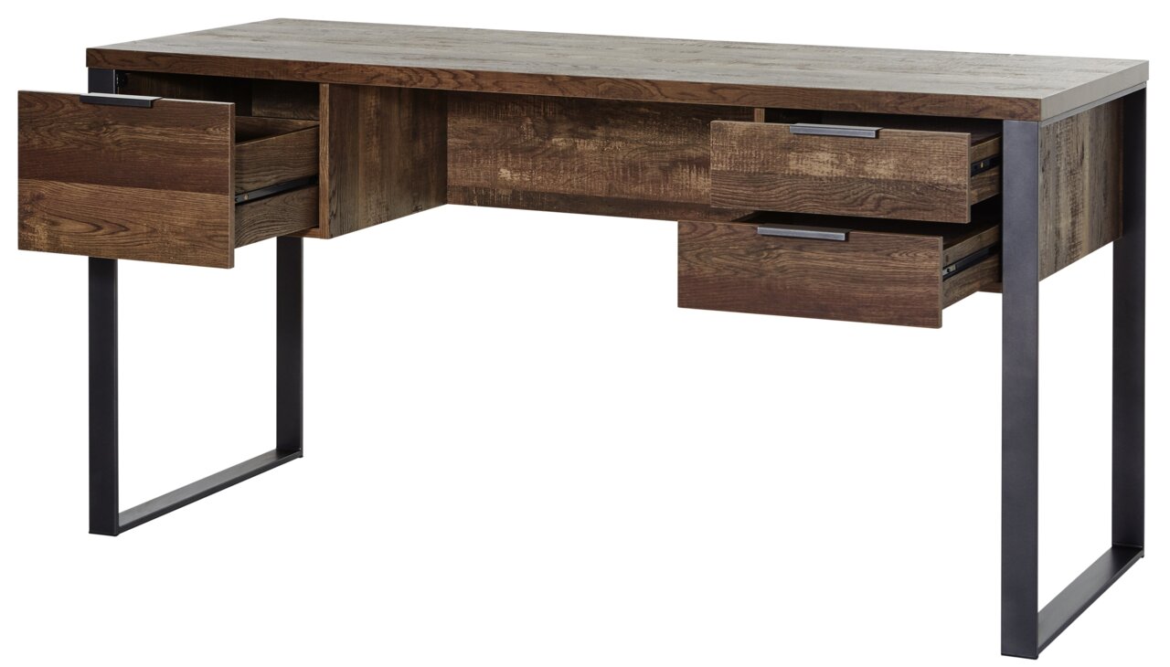 Moderner Schreibtisch aus Holz mit Metallbeinen, seitliche Perspektive, mehrere geöffnete Schubladen