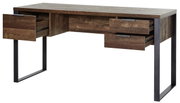 Moderner Schreibtisch aus Holz mit Metallbeinen, seitliche Perspektive, mehrere geöffnete Schubladen