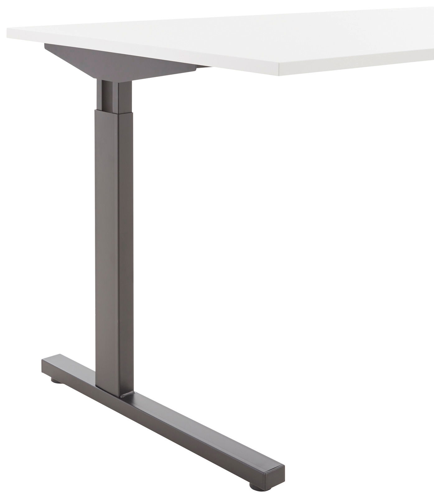 Moderner Schreibtisch mit weißer Tischplatte und stabilem, grauem Metallgestell, seitliche Perspektive