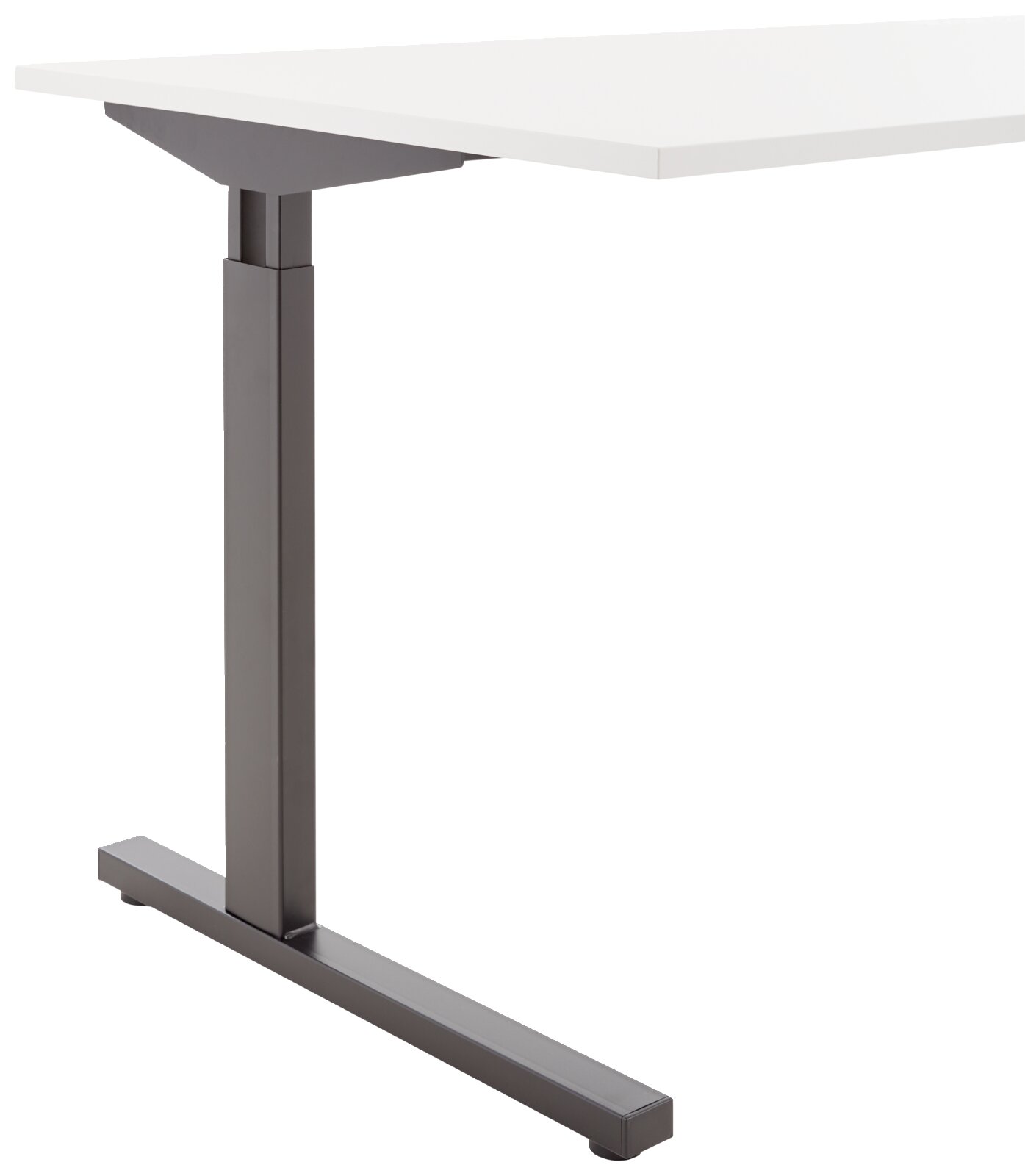 Moderner Schreibtisch mit weißer Tischplatte und stabilem, grauem Metallgestell, seitliche Perspektive