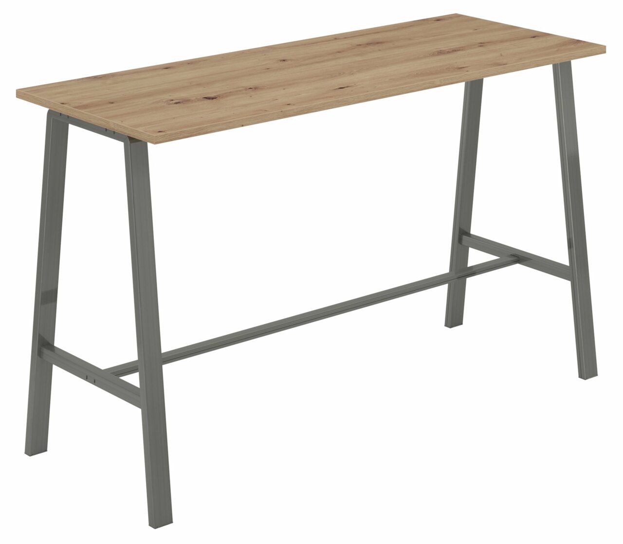 Moderner Stehtisch mit Holzplatte und Metallgestell, seitliche Perspektive