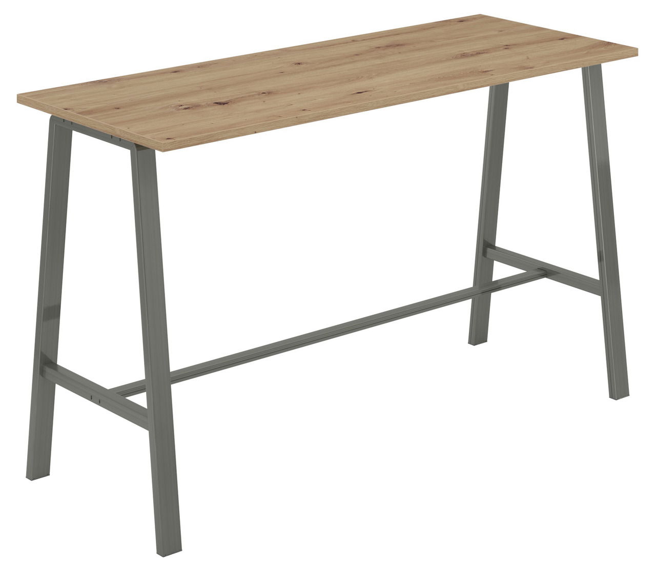 Moderner Stehtisch mit Holzplatte und Metallgestell, seitliche Perspektive