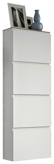 Hängeschuhschrank 4K-T33 in seitlicher Perspektive mit vier Fächern, dekoriert mit blauer Vase und gerahmten Fotos auf der Oberseite.