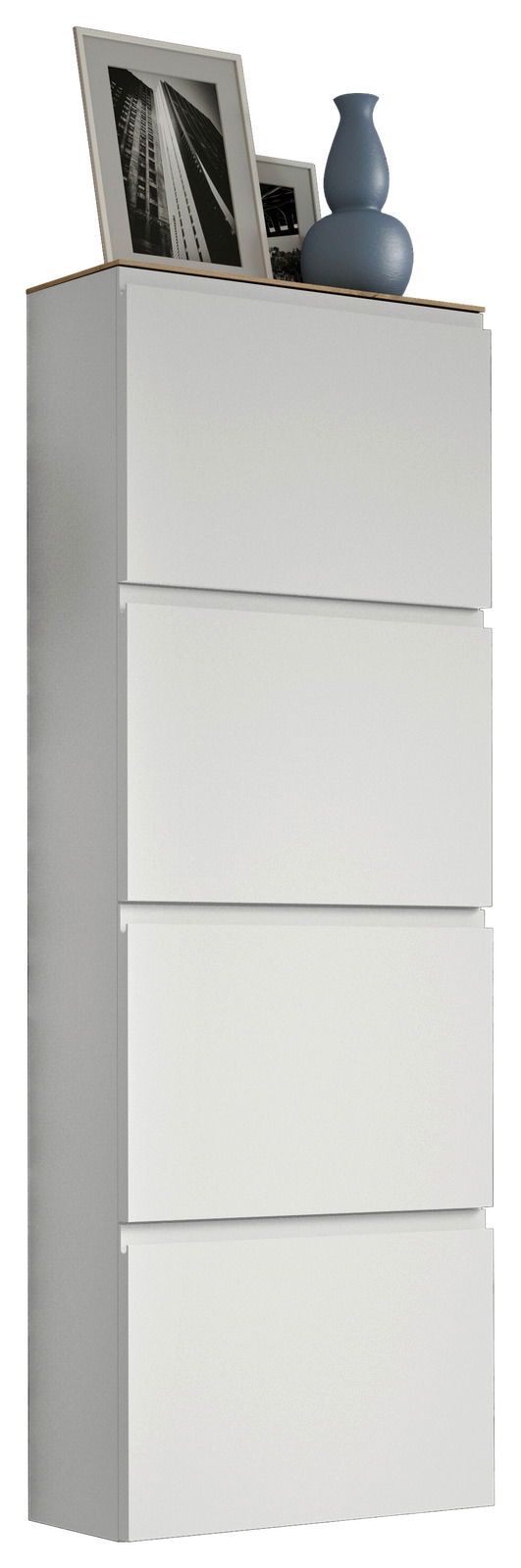 Moderano Hängeschuhschrank LECCO Hängeschuhschrank 4K-T33 in seitlicher Perspektive mit vier Fächern, dekoriert mit blauer Vase und gerahmten Fotos auf der Oberseite.