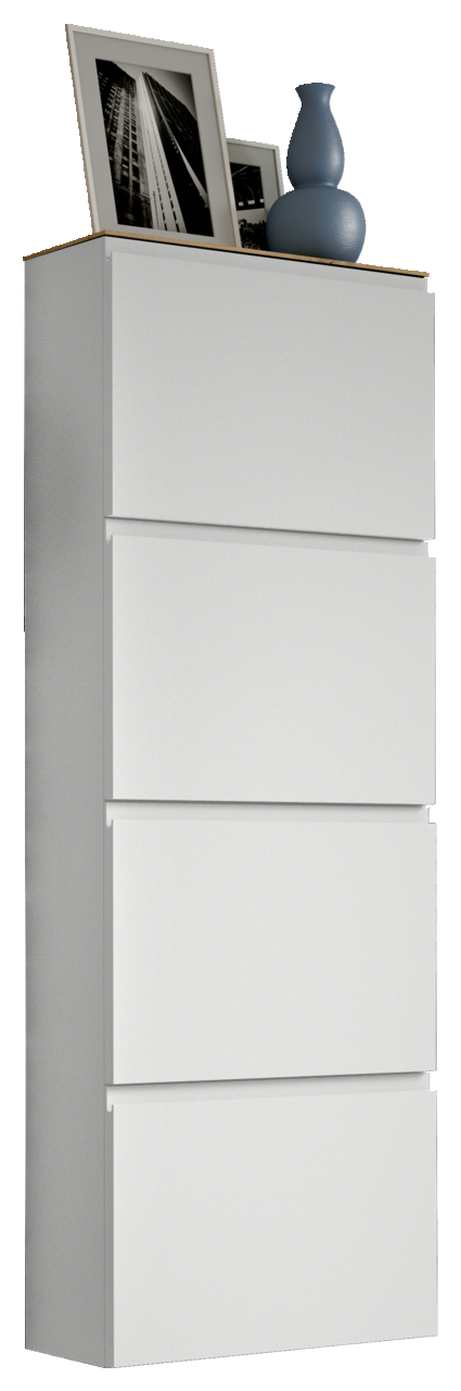 Moderano Hängeschuhschrank LECCO Hängeschuhschrank 4K-T33 in seitlicher Perspektive mit vier Fächern, dekoriert mit blauer Vase und gerahmten Fotos auf der Oberseite.