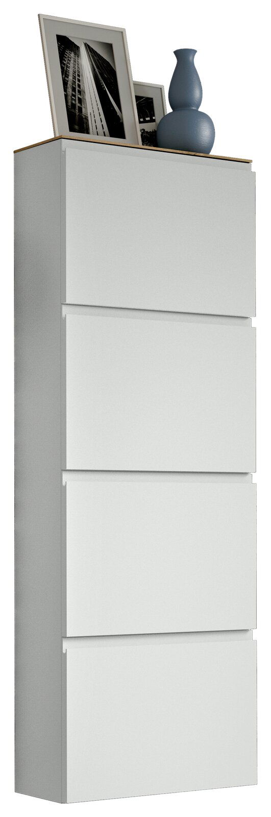 Moderano Hängeschuhschrank LECCO Hängeschuhschrank 4K-T33 in seitlicher Perspektive mit vier Fächern, dekoriert mit blauer Vase und gerahmten Fotos auf der Oberseite.