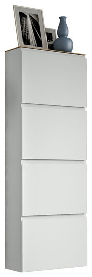 Hängeschuhschrank 4K-T33 in seitlicher Perspektive mit vier Fächern, dekoriert mit blauer Vase und gerahmten Fotos auf der Oberseite.