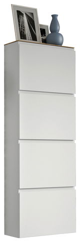 Hängeschuhschrank 4K-T33 in seitlicher Perspektive mit vier Fächern, dekoriert mit blauer Vase und gerahmten Fotos auf der Oberseite.