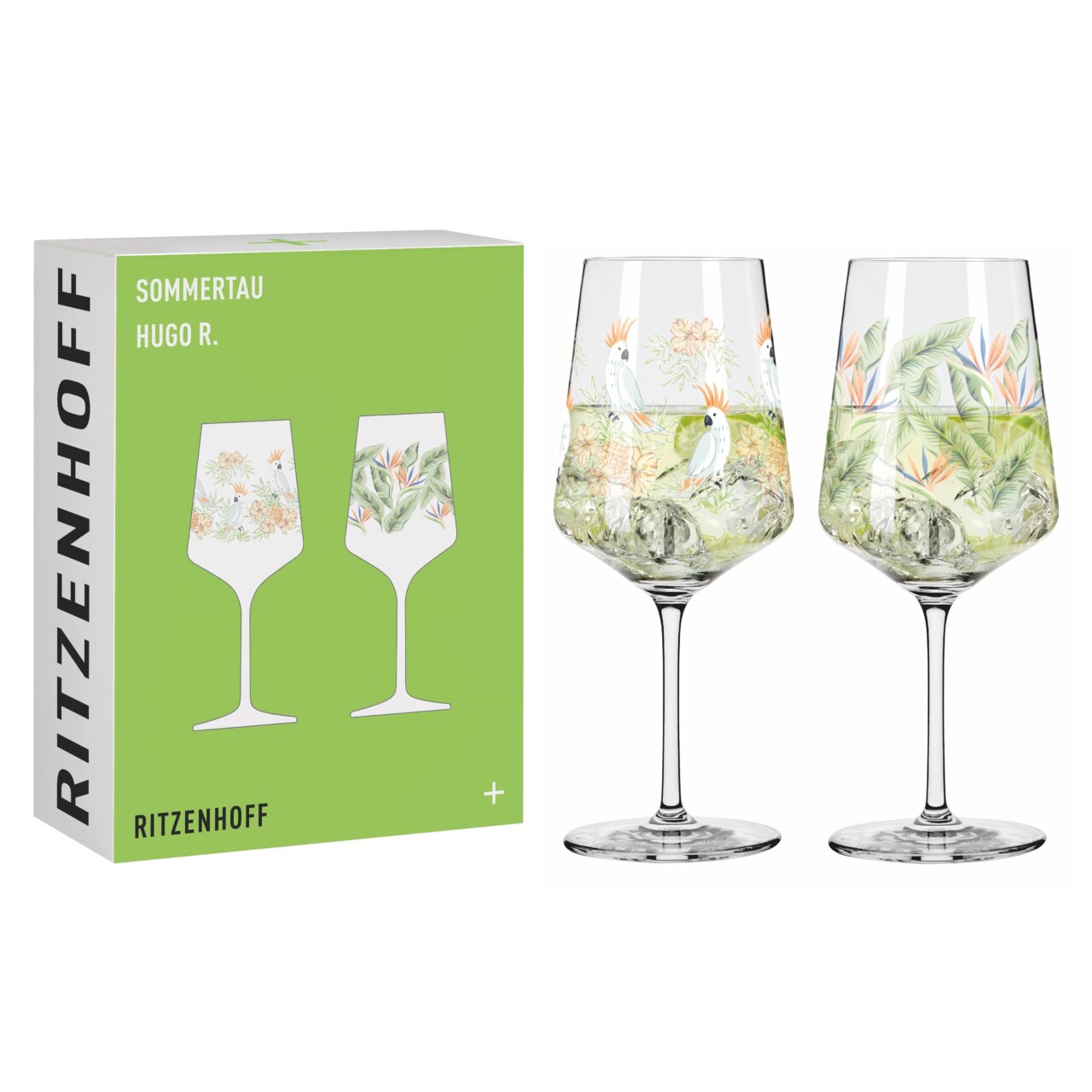 Twee elegante wijnglazen met een tropisch ontwerp en een papegaaienmotief, gepresenteerd in een groene verpakking van Ritzenhoff, hier vooraanzicht.
