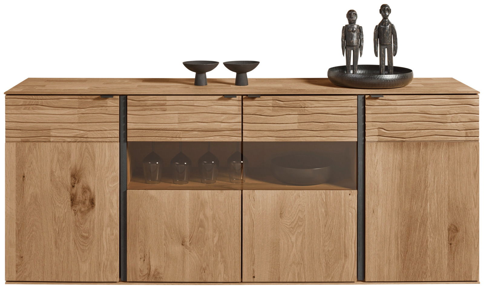 Frontale Ansicht eines modernen Sideboards aus Holz mit dekorativen Elementen und Glaseinsätzen.