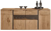 Frontale Ansicht eines modernen Sideboards aus Holz mit dekorativen Elementen und Glaseinsätzen.