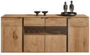 Vooraanzicht van een modern houten dressoir met decoratieve elementen en glazen inzetstukken.