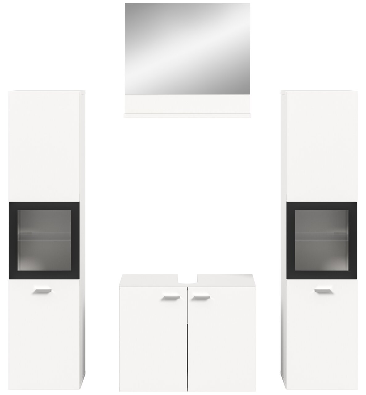 Frontale Ansicht der Badkombination BOSTON mit zwei hohen weißen Schränken, einem Spiegel und einem Unterschrank.