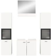 Frontale Ansicht der Badkombination BOSTON mit zwei hohen weißen Schränken, einem Spiegel und einem Unterschrank.