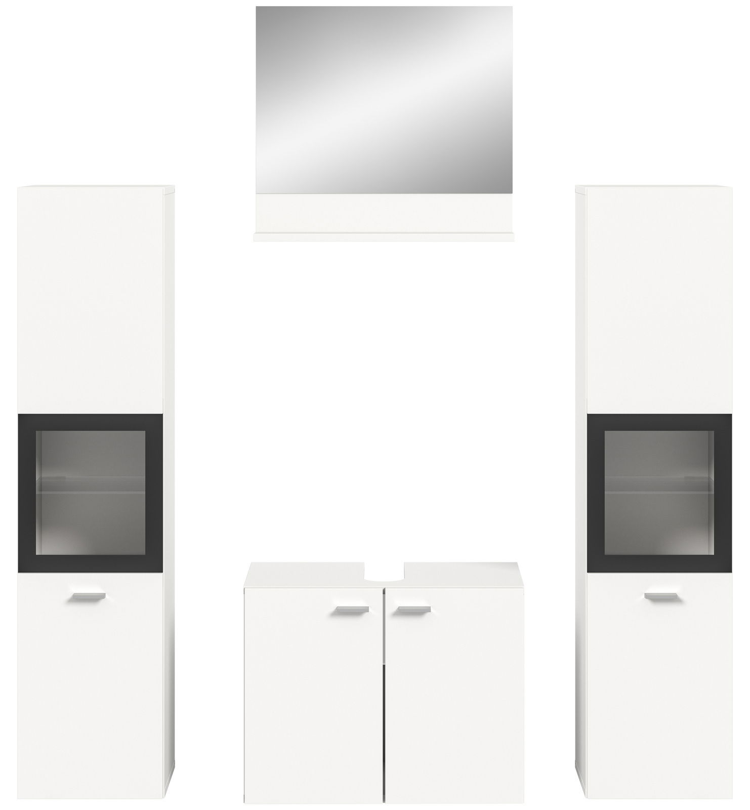 Frontale Ansicht der Badkombination BOSTON mit zwei hohen weißen Schränken, einem Spiegel und einem Unterschrank.