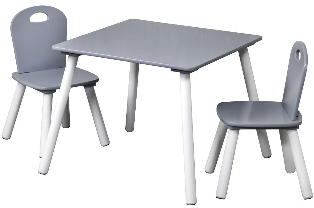 Kesper Kindertisch mit 2 Stühlen Grauer Kindertisch mit zwei passenden Stühlen, seitliche Perspektive