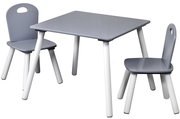 Grauer Kindertisch mit zwei passenden Stühlen, seitliche Perspektive