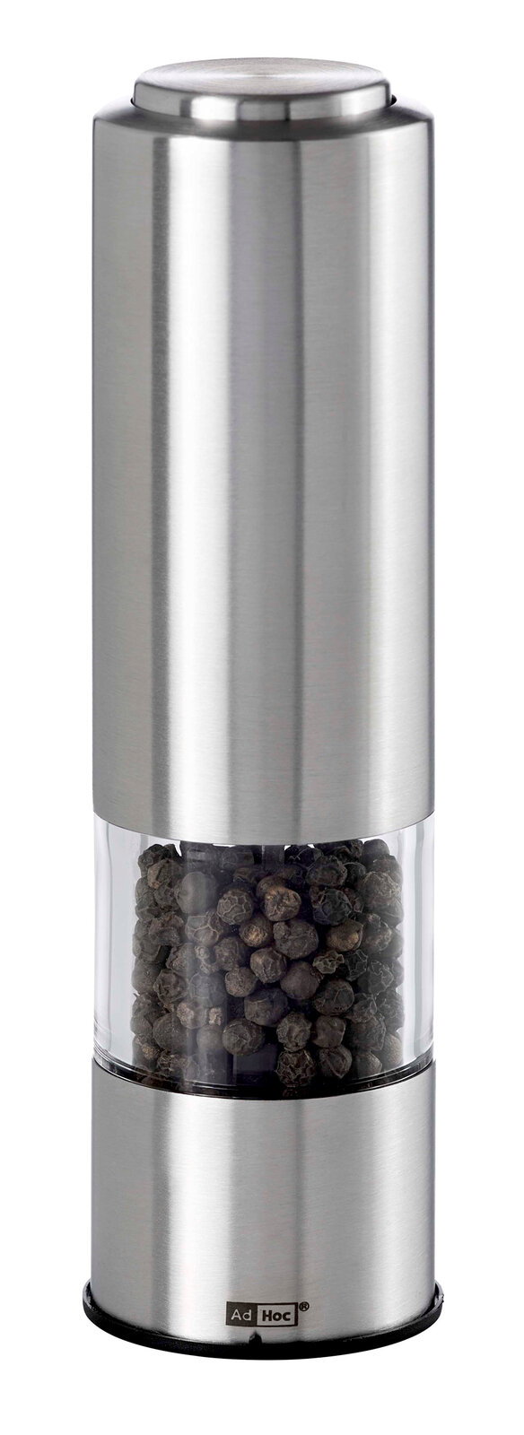 Ad Hoc Elektrische Pfeffer-/Salzmühle CLASSI Silberne Pfeffer- oder Salzmühle CLASSI aus Edelstahl mit transparentem Mittelteil, gefüllt mit Pfefferkörnern, in Frontalansicht.