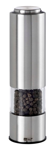 Silberne Pfeffer- oder Salzmühle CLASSI aus Edelstahl mit transparentem Mittelteil, gefüllt mit Pfefferkörnern, in Frontalansicht.