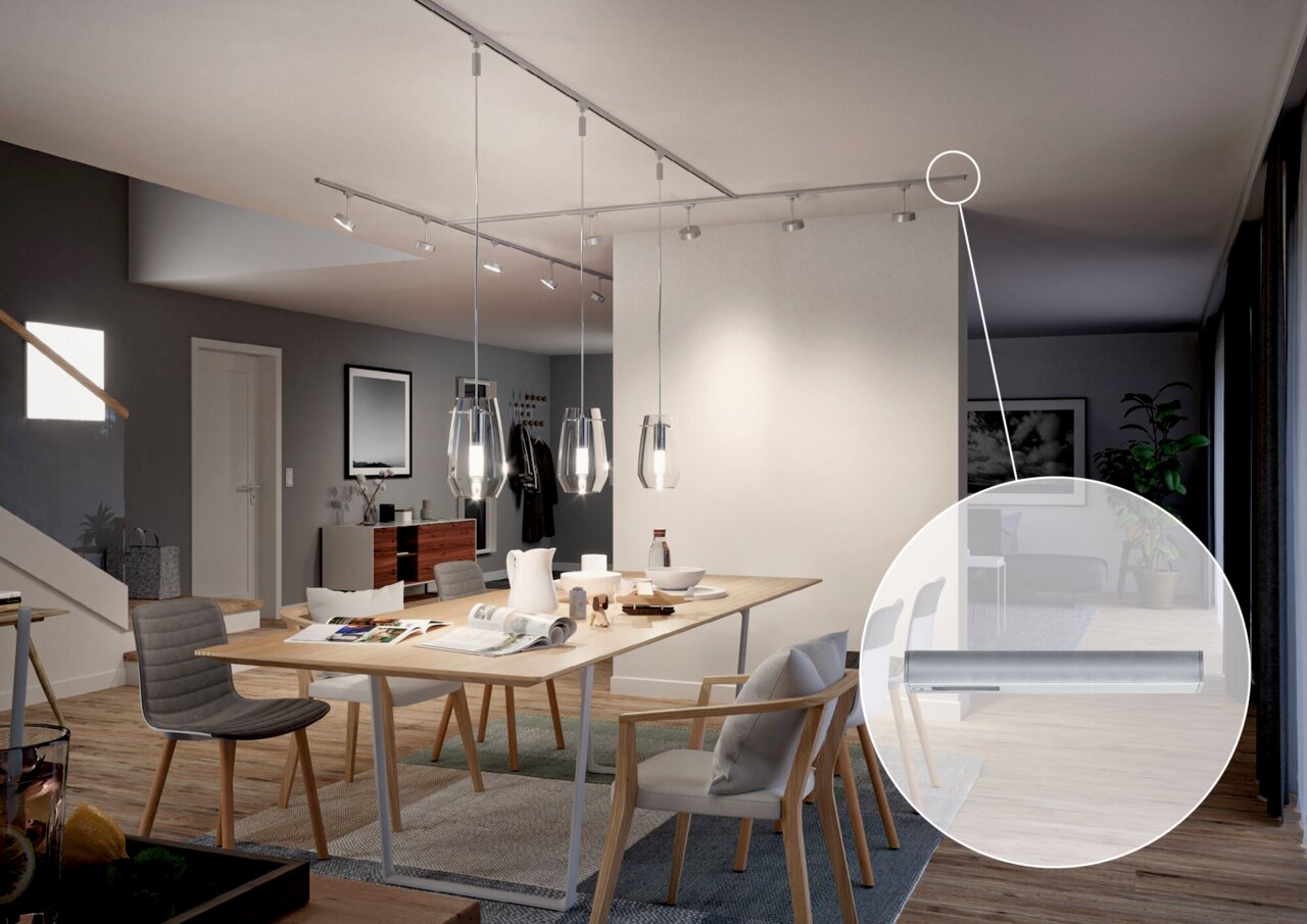 Moderne Stromeinspeisung in einem stilvollen Esszimmer, Deckenperspektive.