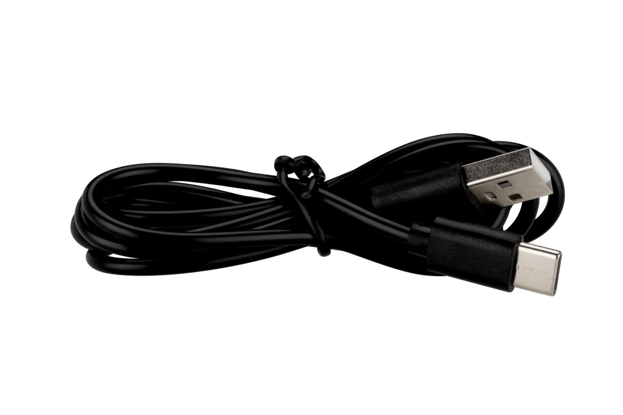 Schwarzes USB-Kabel mit USB-A- und USB-C-Stecker, seitliche Perspektive