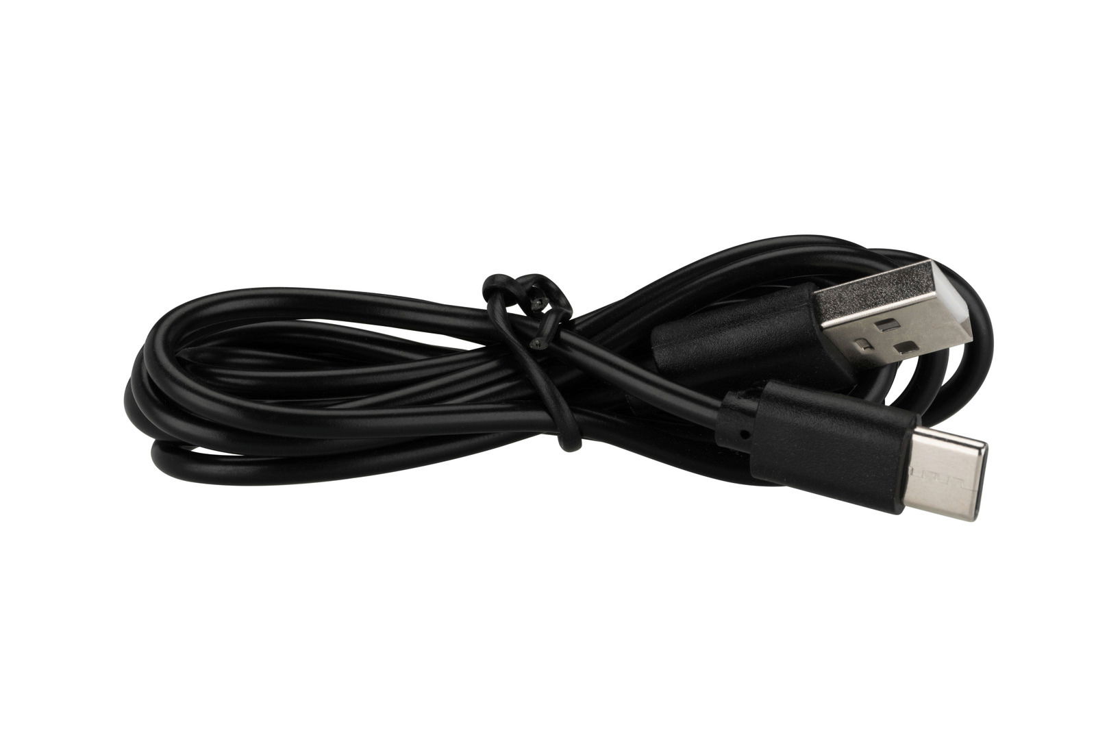 Schwarzes USB-Kabel mit USB-A- und USB-C-Stecker, seitliche Perspektive