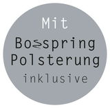 Runder Aufkleber mit der Aufschrift 'Mit Bospring Polsterung inklusive', grauer Hintergrund, Fokus auf Text.