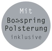 Runder Aufkleber mit der Aufschrift 'Mit Bospring Polsterung inklusive', grauer Hintergrund, Fokus auf Text.