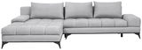 Graues Ecksofa mit linksseitiger Ottomane, moderne Metallfüße, Frontalansicht