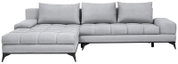 Graues Ecksofa mit linksseitiger Ottomane, moderne Metallfüße, Frontalansicht