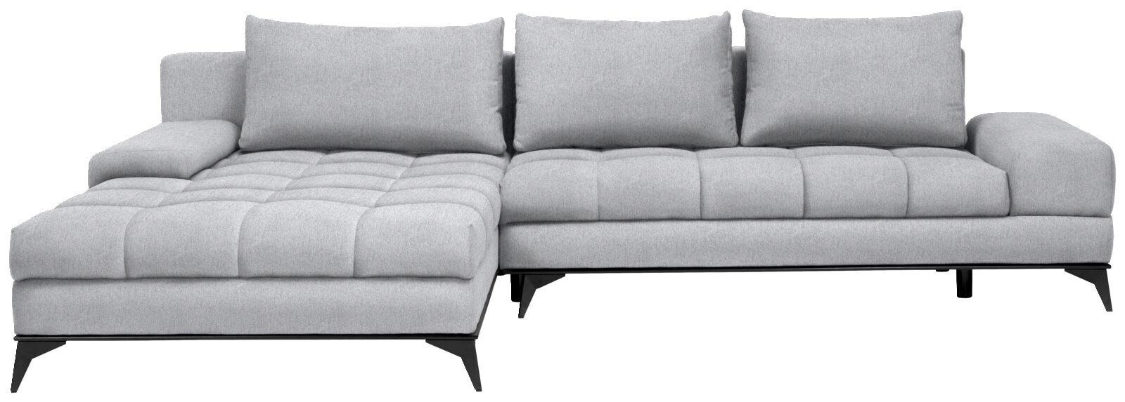 Graues Ecksofa mit linksseitiger Ottomane, moderne Metallfüße, Frontalansicht