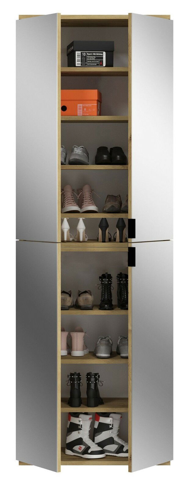 Schrank mit offenen Türen, gefüllt mit verschiedenen Schuhen und Schuhkartons, aus der Frontalperspektive.