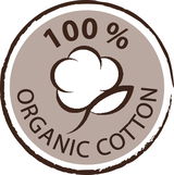 Rundes Siegel mit der Aufschrift '100% Organic Cotton' und einem stilisierten Baumwollsymbol, Draufsicht