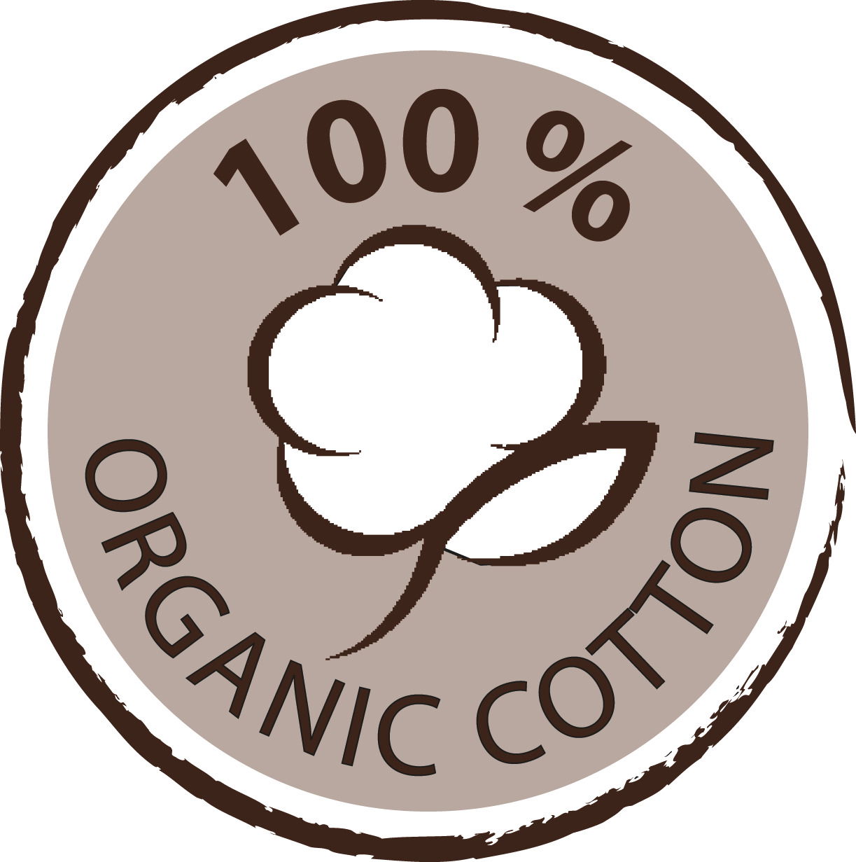 Rundes Siegel mit der Aufschrift '100% Organic Cotton' und einem stilisierten Baumwollsymbol, Draufsicht