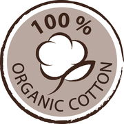 Rundes Siegel mit der Aufschrift '100% Organic Cotton' und einem stilisierten Baumwollsymbol, Draufsicht