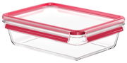 Rechteckige Glasbox mit rotem Deckel, seitliche Perspektive