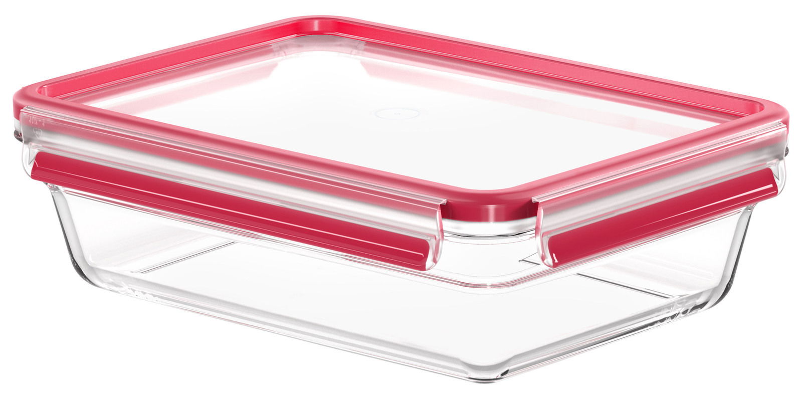 Rechteckige Glasbox mit rotem Deckel, seitliche Perspektive