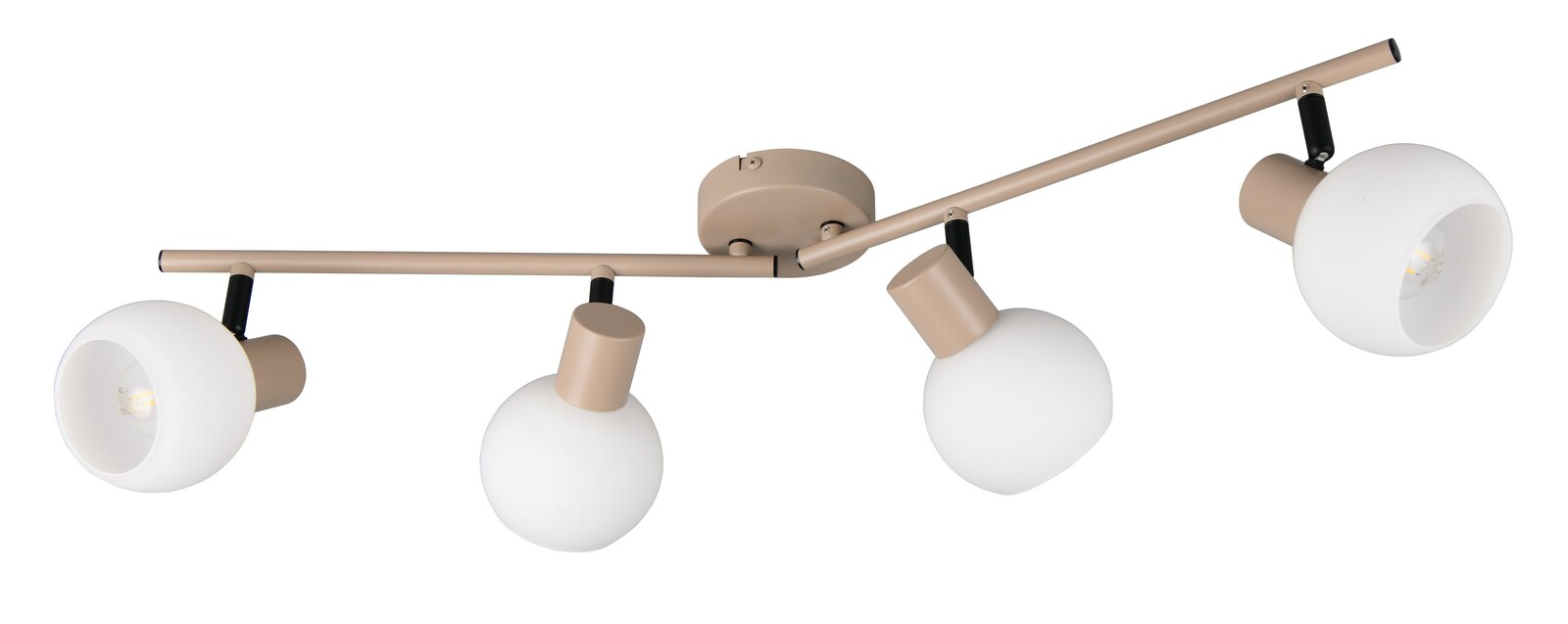 Moderner Deckenstrahler mit vier verstellbaren weißen Kugelleuchten, seitliche Perspektive