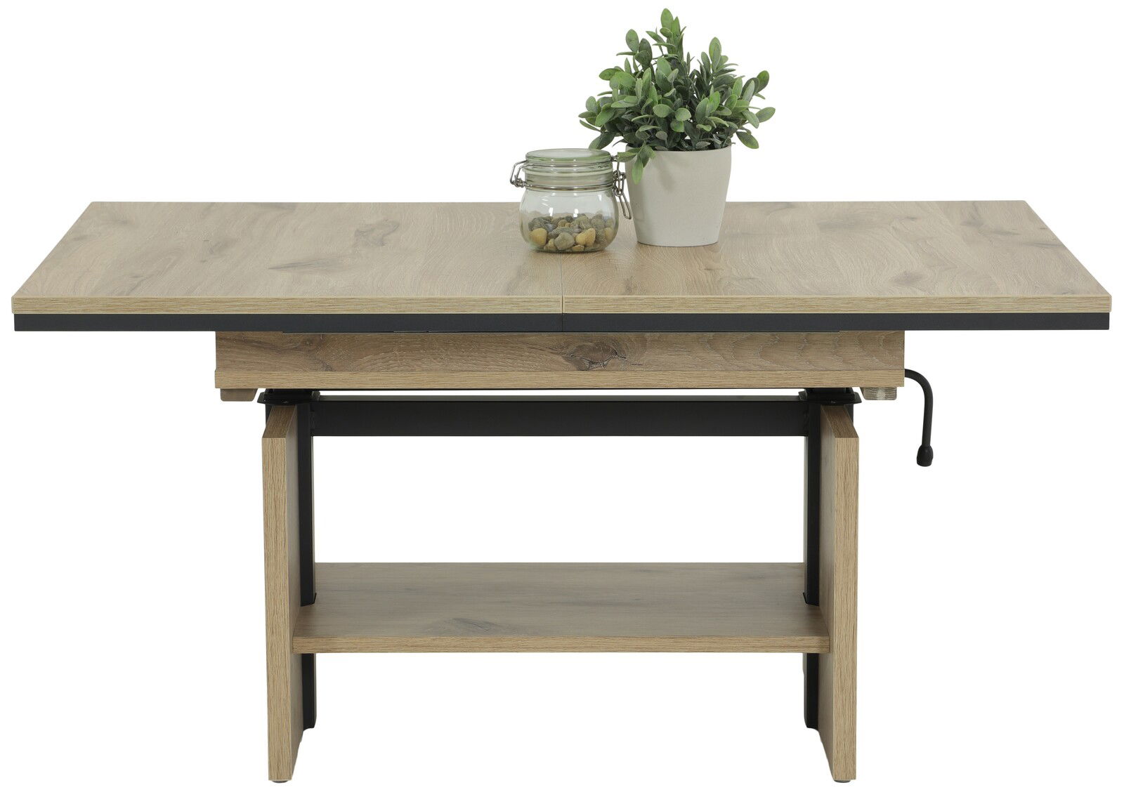 Moderner Couchtisch aus Holz mit schwarzem Metallgestell, seitliche Ansicht. Dekoriert mit einer Pflanze und einem Glasgefäß.