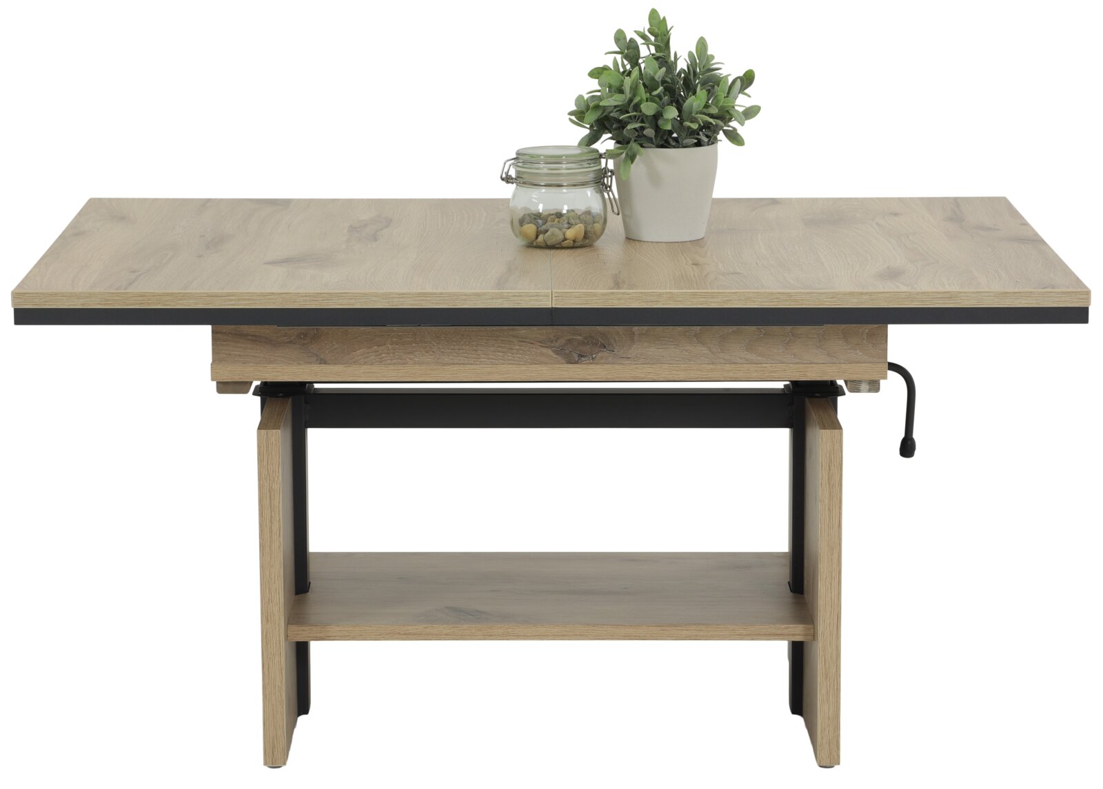 Moderner Couchtisch aus Holz mit schwarzem Metallgestell, seitliche Ansicht. Dekoriert mit einer Pflanze und einem Glasgefäß.