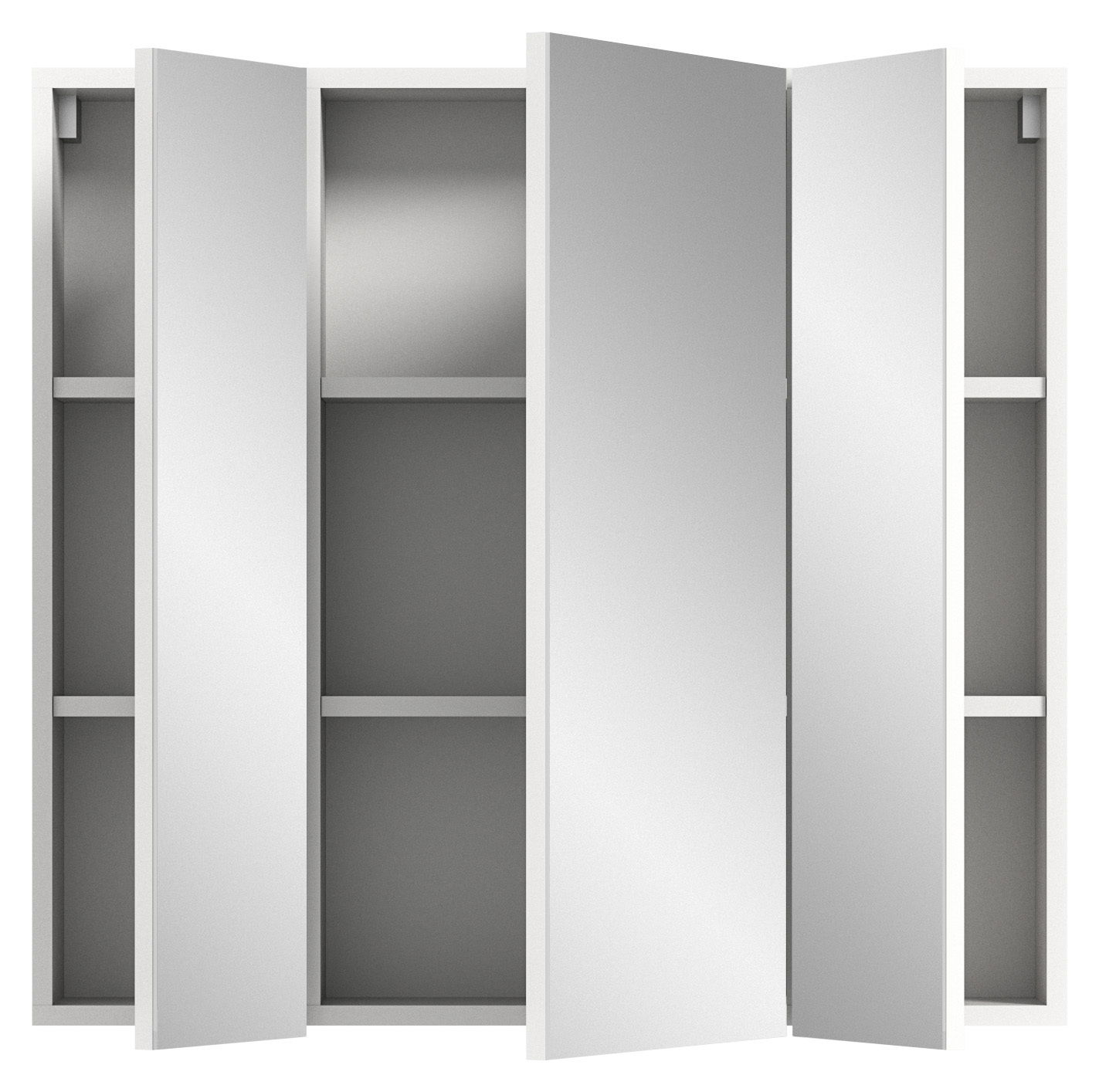 Spiegelschrank mit geöffneten Türen, zeigt Innenregale, Frontalansicht