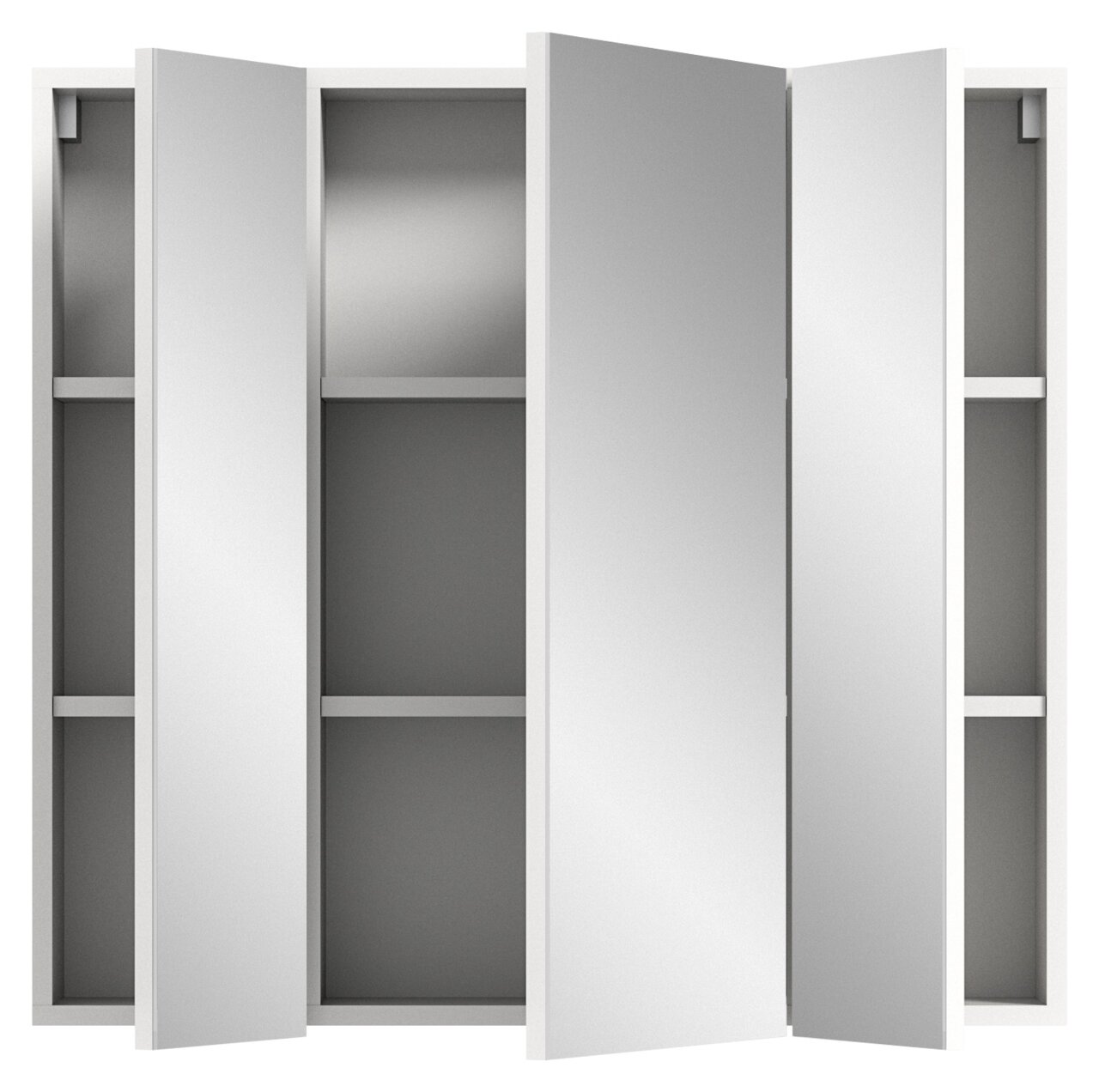Spiegelschrank mit geöffneten Türen, zeigt Innenregale, Frontalansicht