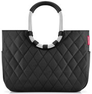 Schwarze Tasche mit Rautenmuster und großen, runden Griffen, Vorderansicht