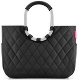 Schwarze Tasche mit Rautenmuster und großen, runden Griffen, Vorderansicht