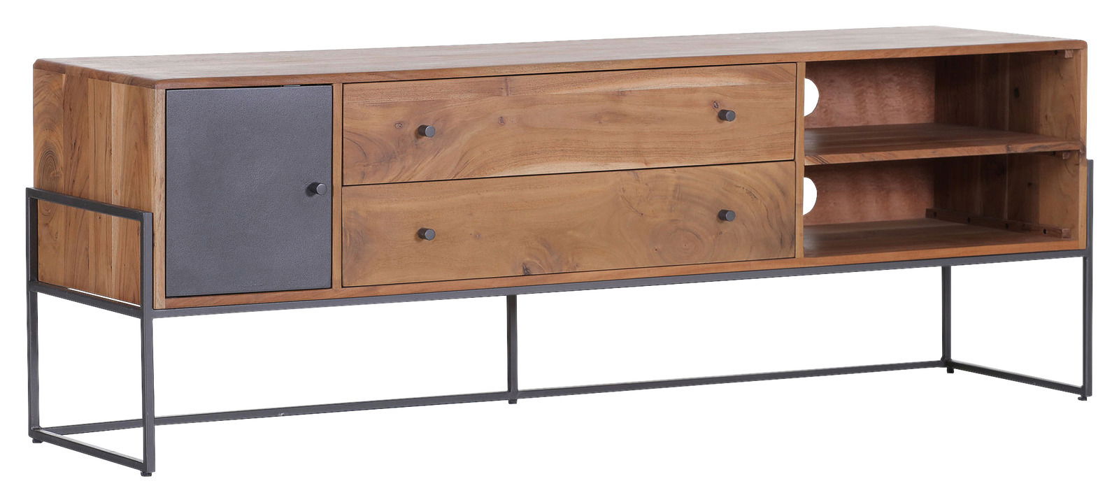 Lowboard aus Holz mit Metallgestell, zwei Schubladen, einer Tür und offenen Fächern, seitliche Perspektive