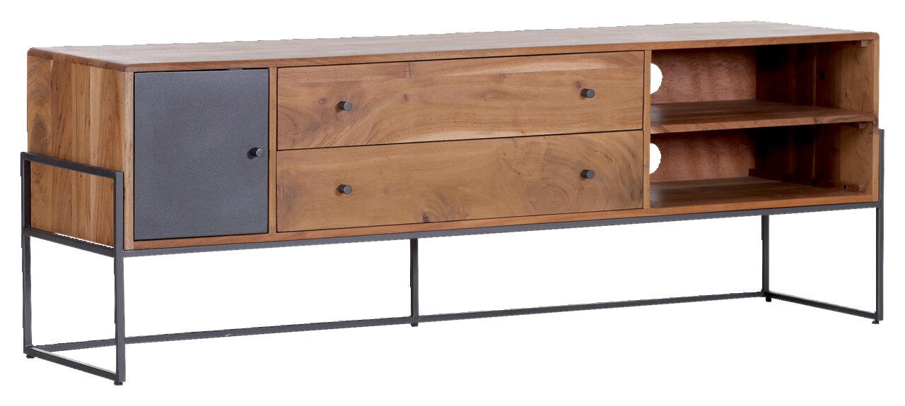 Houten lowboard met metalen onderstel, twee lades, een deur en open vakken, zijaanzicht