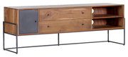 Lowboard aus Holz mit Metallgestell, zwei Schubladen, einer Tür und offenen Fächern, seitliche Perspektive