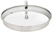 Topfdeckel aus Edelstahl mit Sichtfenster und Abtropflöchern, Ansicht von oben