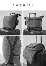 Graue Reisedecke mit Tasche, auf einem Koffer platziert, aus verschiedenen Perspektiven gezeigt.