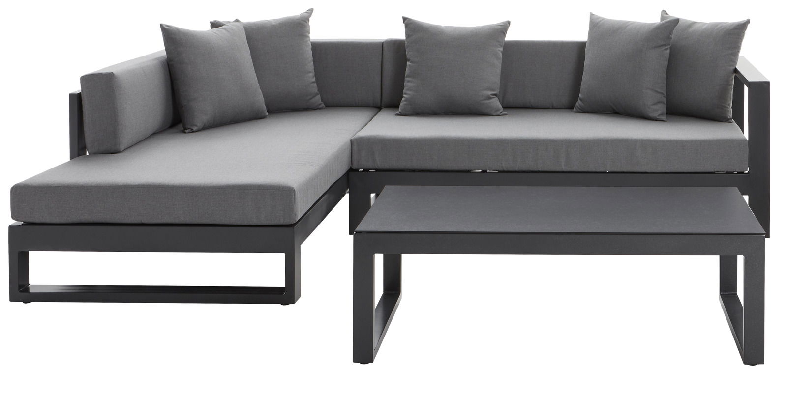 Modernes Lounge-Set in L-Form mit grauen Kissen, Ansicht von vorne links.